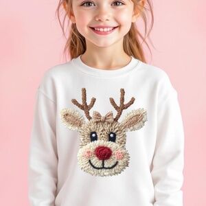 Christmas T-shirt Fluffy Faux Chenille Reindeer long sleeve White 2T - XL Custom
